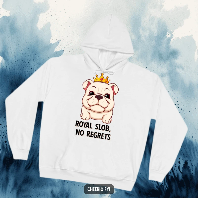 Funny bulldog hoodie with a jolly bulldog character wearing a small crown and a confident, proud smile.