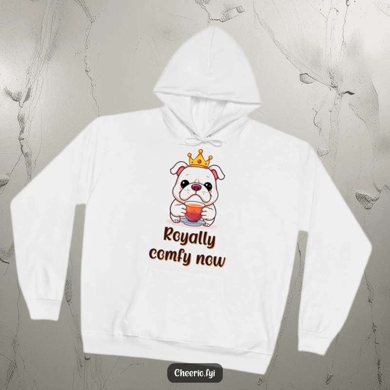 Funny hoodie design of a jolly bulldog wearing a small crown, offering a cup of tea in a dignified manner.