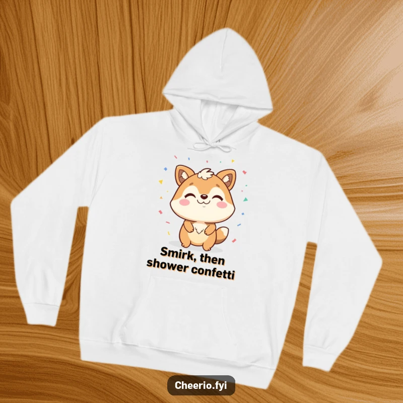 Funny hoodie featuring a happy animal character with a confident smirk, celebrating by throwing a cascade of confetti.