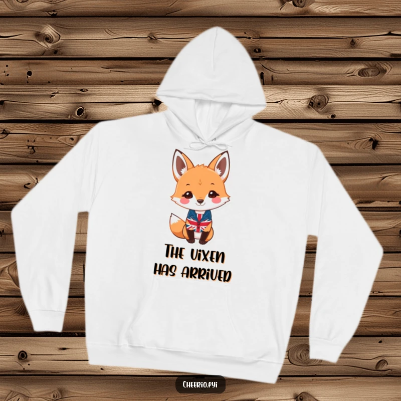 Funny fox hoodie showing a smiling fox wearing a miniature Union Jack waistcoat, exuding dapper charm.