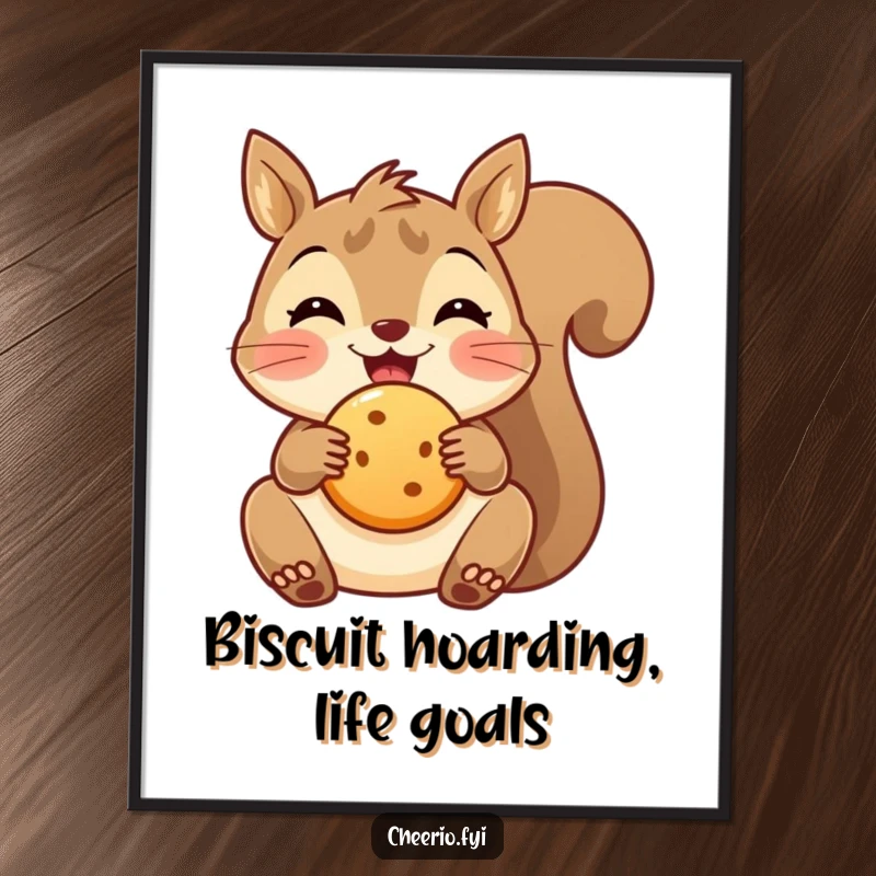 Funny Free Printable Wall Art of a delighted squirrel holding a small round biscuit, adding woodland charm and humor.