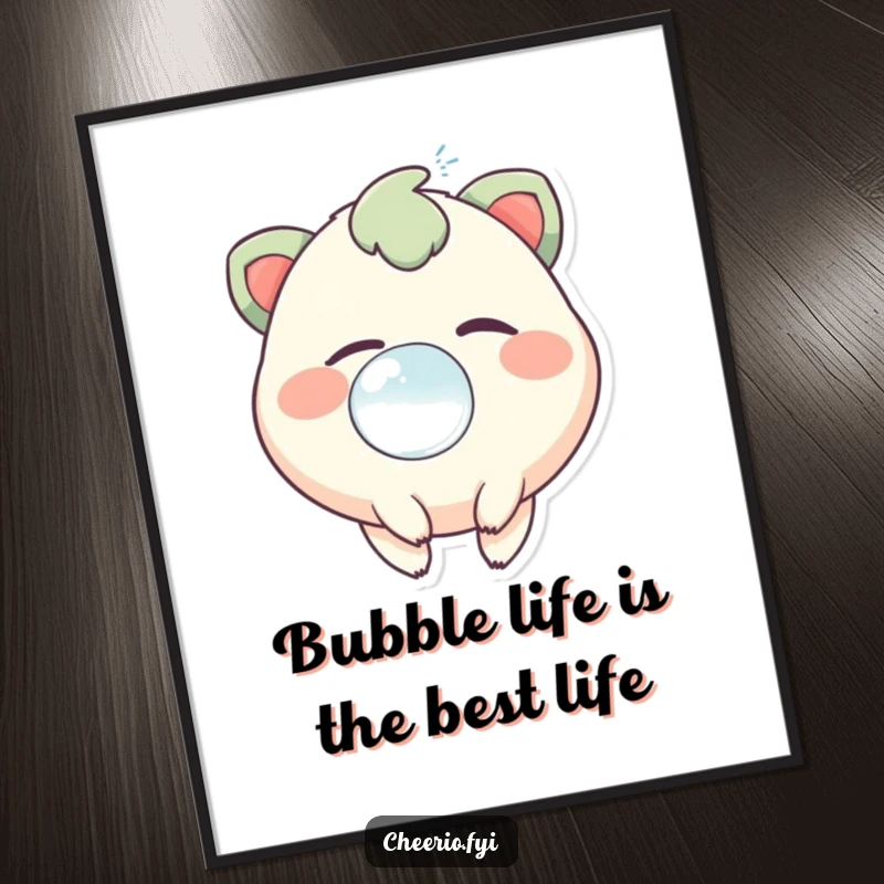 Funny free printable wall art: a creature with a sparkling eye playfully blowing a huge, shiny, colorful bubble.