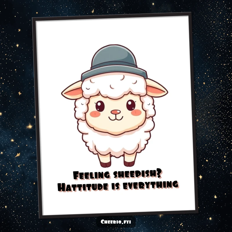 Funny Free Printable Wall Art of a fluffy sheep wearing a tiny bowler hat with a cheerful expression, perfect for lighthearted decor.