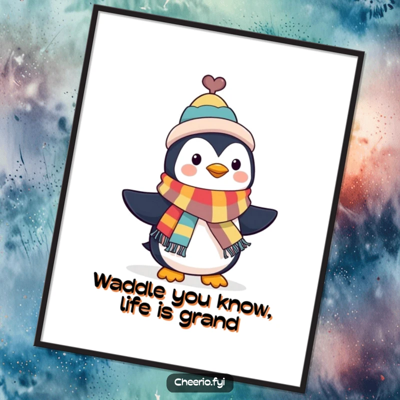 Funny Free Printable Wall Art: Penguin in a small top hat waves a colorful scarf, exuding Dapper charm, whimsical downloadable decor.
