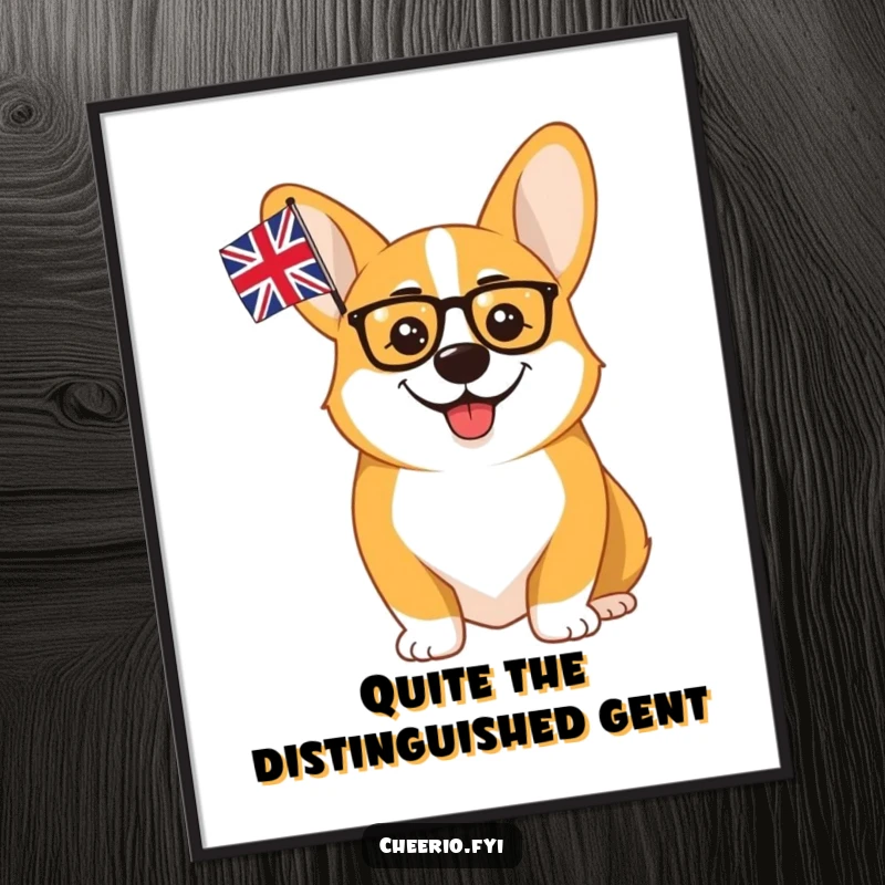 Funny Free Printable Wall Art: A distinguished corgi in a monocle proudly waves a union flag, adding a quirky touch.