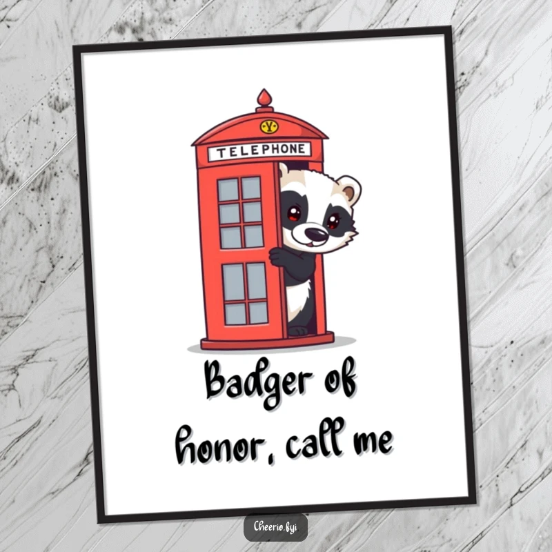 Funny Free Printable Wall Art of a curious badger peeking from behind a red telephone box, bringing British humor home.