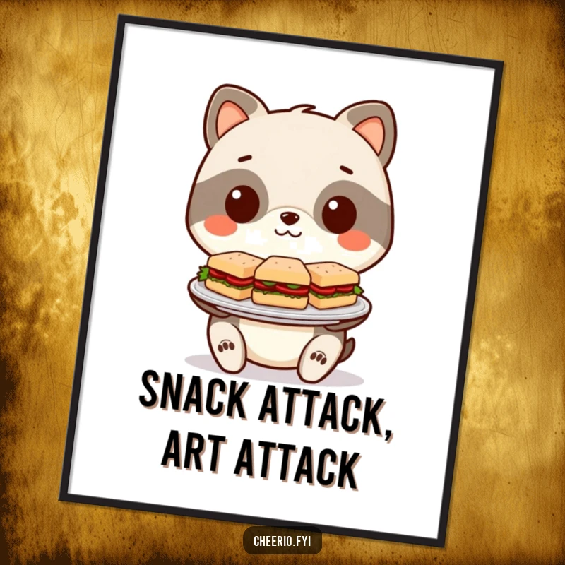 Funny Free Printable Wall Art showing a stylized animal proudly presenting a plate of miniature sandwiches, a humorous decor piece.