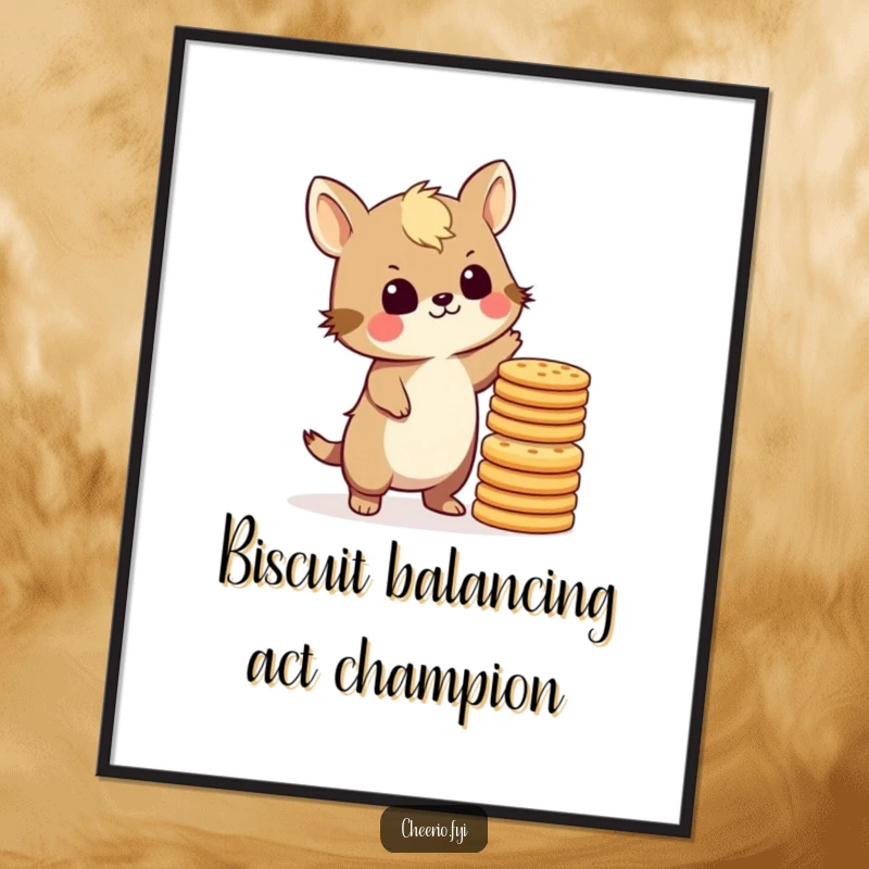 Funny Free Printable Wall Art: A British animal concentrating intensely while balancing an impressively tall stack of biscuits.