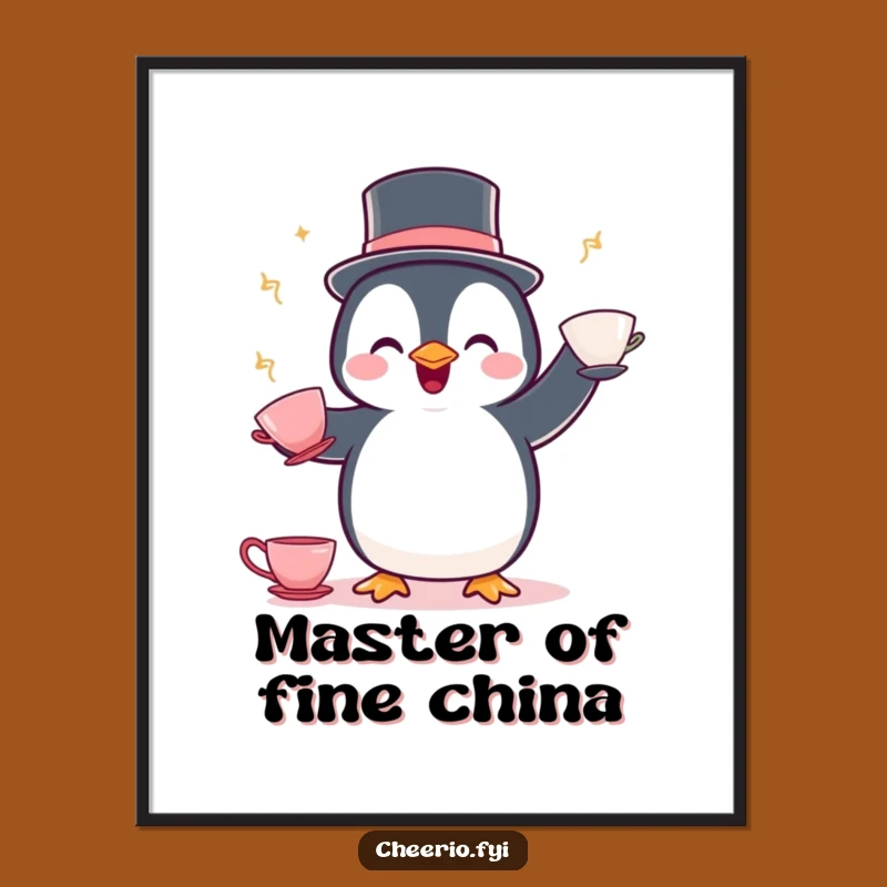 Free Printable Wall Art: Penguin Bowler Hat Teacup Juggling Funny Downloadable Decor