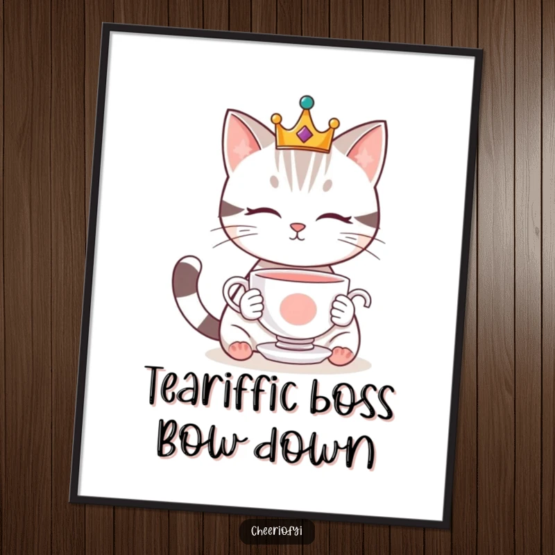 Funny Free Printable Wall Art depicting a cute cat adorned with a small crown, mesmerized by a floating teacup.