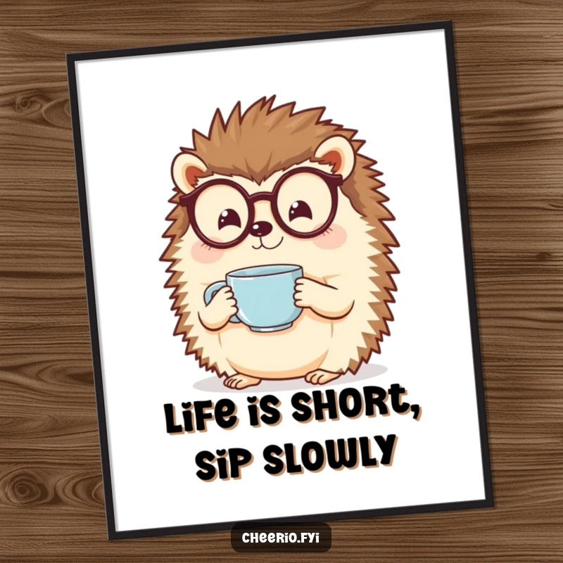 Funny Free Printable Wall Art: A cheerful hedgehog with spectacles delicately holds a small teacup, bringing a calm, witty vibe.