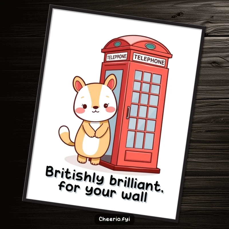 Funny free printable wall art: a happy animal with a welcoming smile stands beside a classic red telephone booth.
