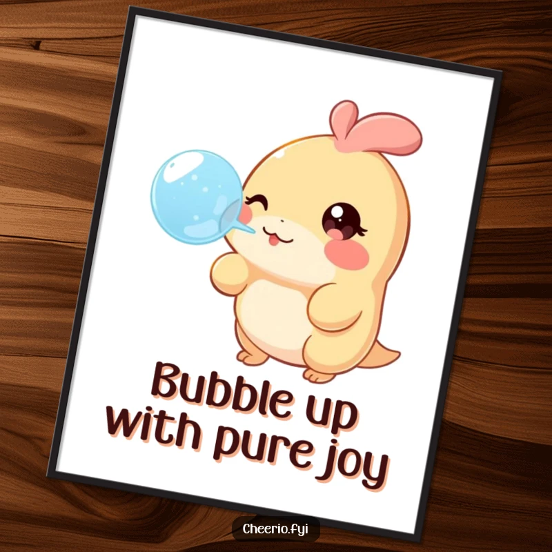 Funny free printable wall art of a creature with a twinkle in its eye blowing a large, cheerful bubble, adding whimsical decor.