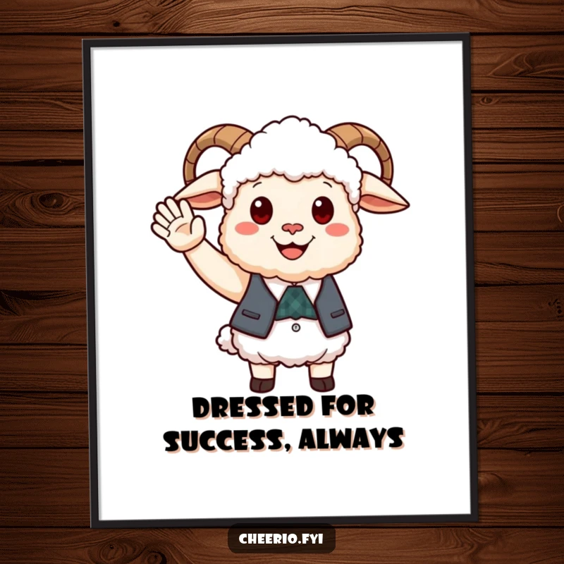 Funny Free Printable Wall Art: Happy sheep in smart waistcoat offers friendly wave, cheerful decor, downloadable art.
