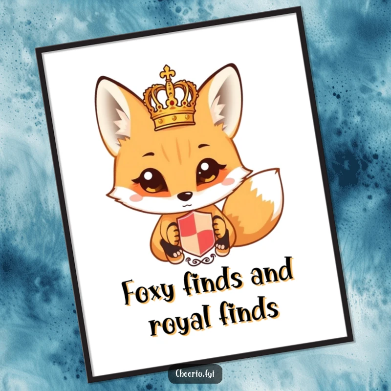 Funny Free Printable Wall Art: A curious fox with enormous eyes stares intently at a small, detailed royal crest.