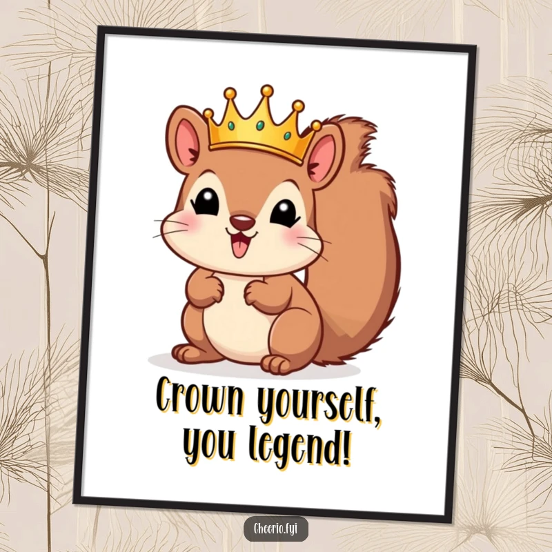 Funny Free Printable Wall Art: A playful squirrel sits regally, wearing a tiny golden crown, exuding royal charm.