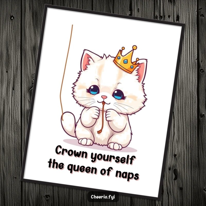 Funny Free Printable Wall Art: A fluffy cat wearing a tiny crown playfully bats at a dangling string, bringing joy.