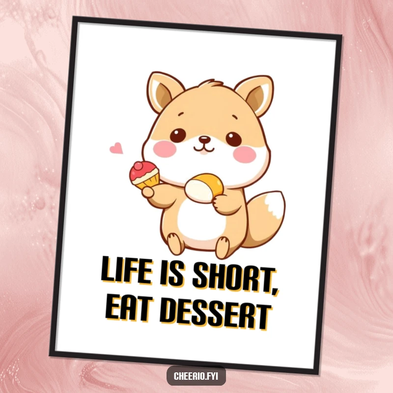 Funny Free Printable Wall Art: A happy animal character proudly presenting a miniature pastry with a flourish, a delightful and funny downloadable art piece.