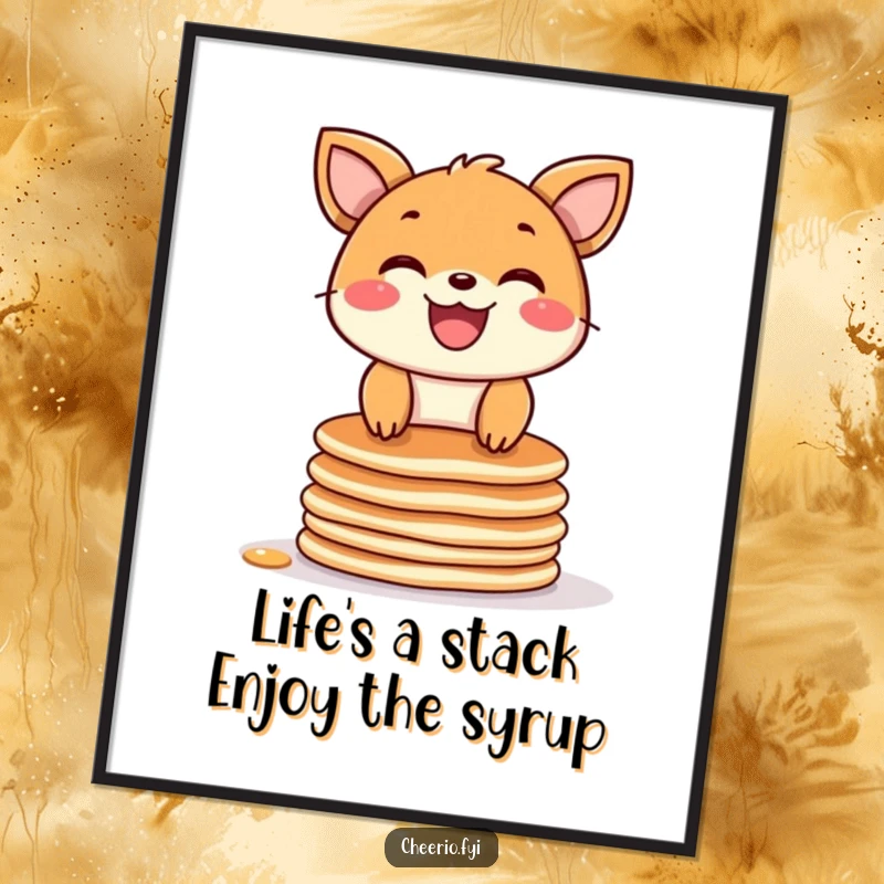 Funny Free Printable Wall Art featuring a joyful animal with a wide grin expertly balancing on a towering stack of pancakes.