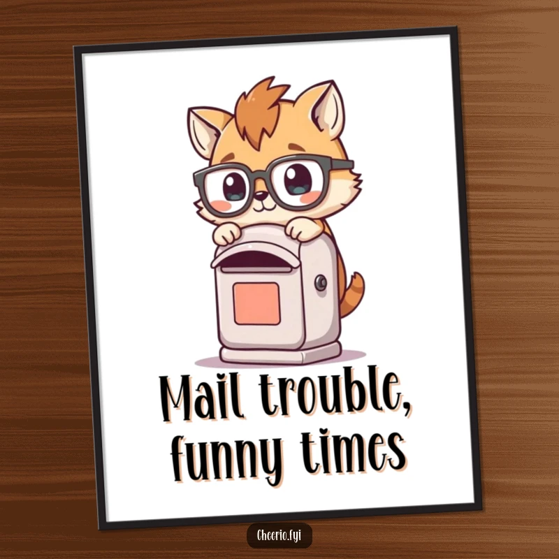 Funny Free Printable Wall Art: A playful animal wearing oversized spectacles trips over a small post box, creating a scene of delightful clumsiness.