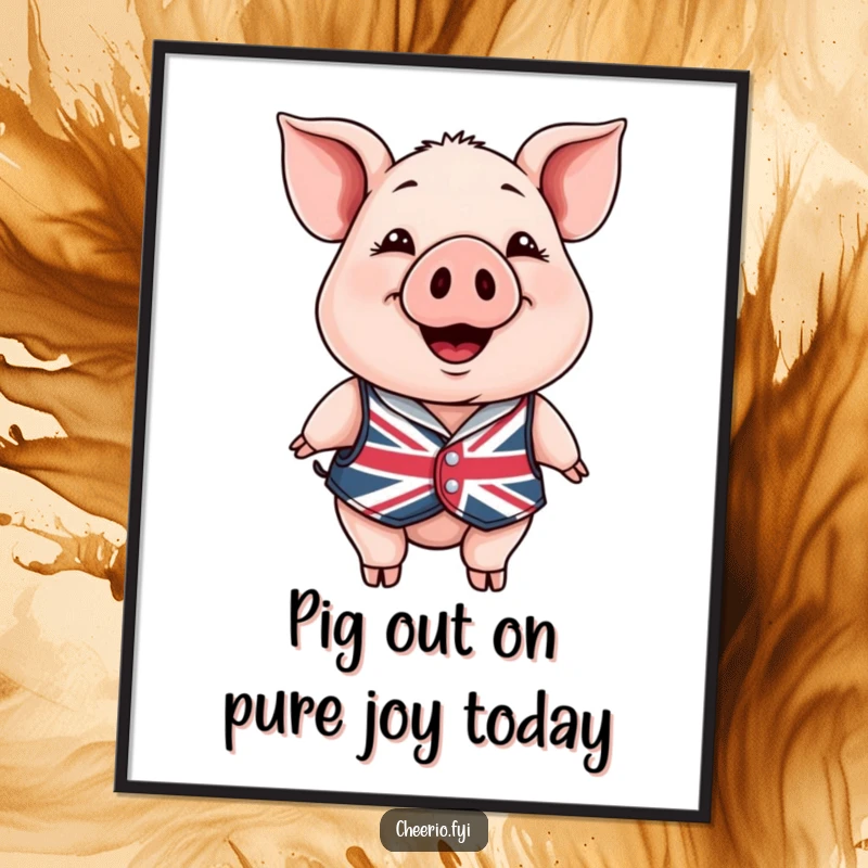 Funny Free Printable Wall Art: A happy pig wearing a tiny Union Jack waistcoat offers a warm, inviting smile.