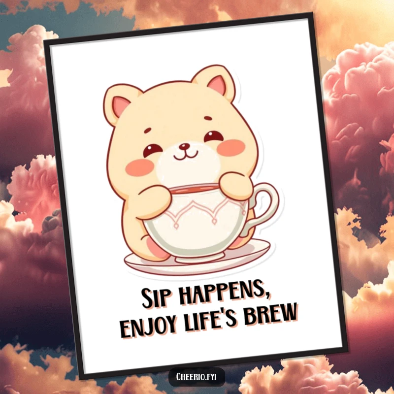 Funny Free Printable Wall Art: Chubby animal character looks delighted with a teacup, bringing a cozy and humorous vibe to the space.