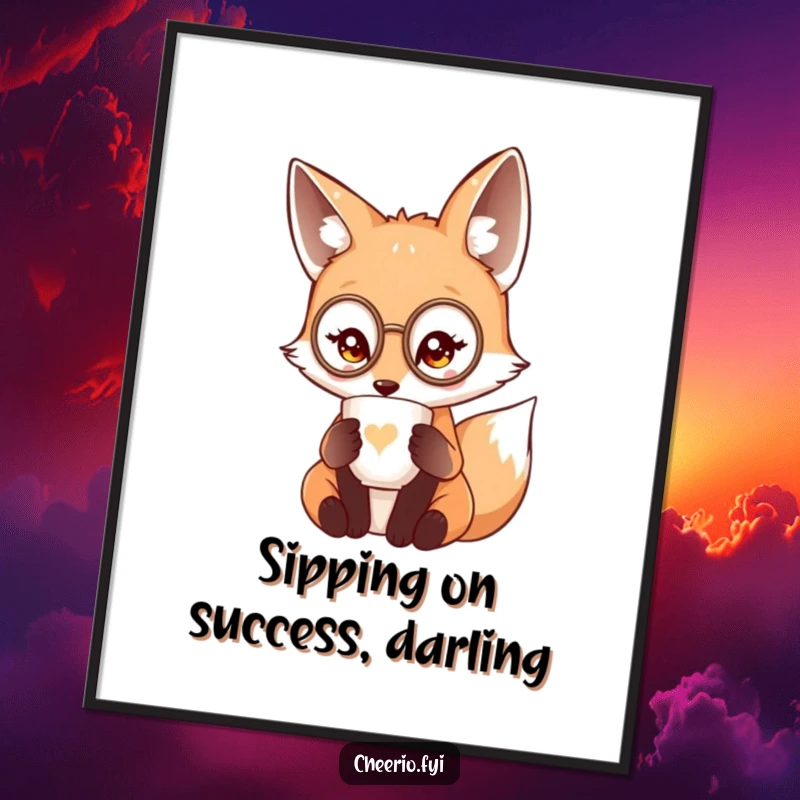 Funny Free Printable Wall Art: Cute fox in monocle sipping tea from delicate cup, sophisticated charm, downloadable decor.