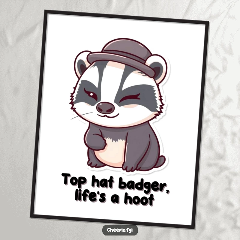 Funny Free Printable Wall Art: A cute badger wearing a tiny bowler hat winks with playful charm.