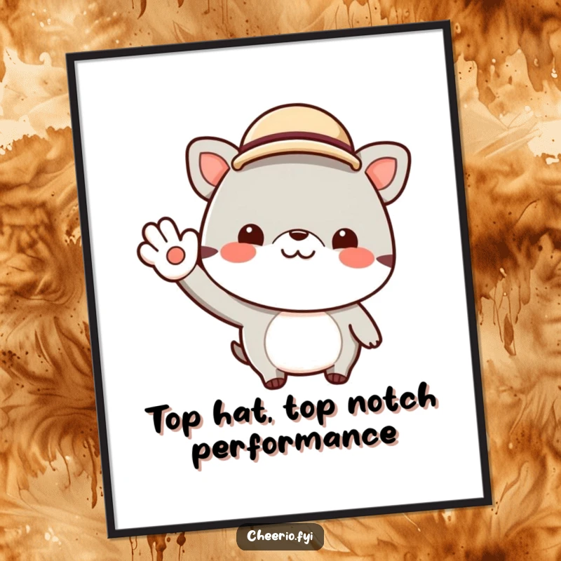 Funny Free Printable Wall Art: A cheerful animal wearing a tiny bowler hat gives a jaunty wave, exuding playful sophistication.