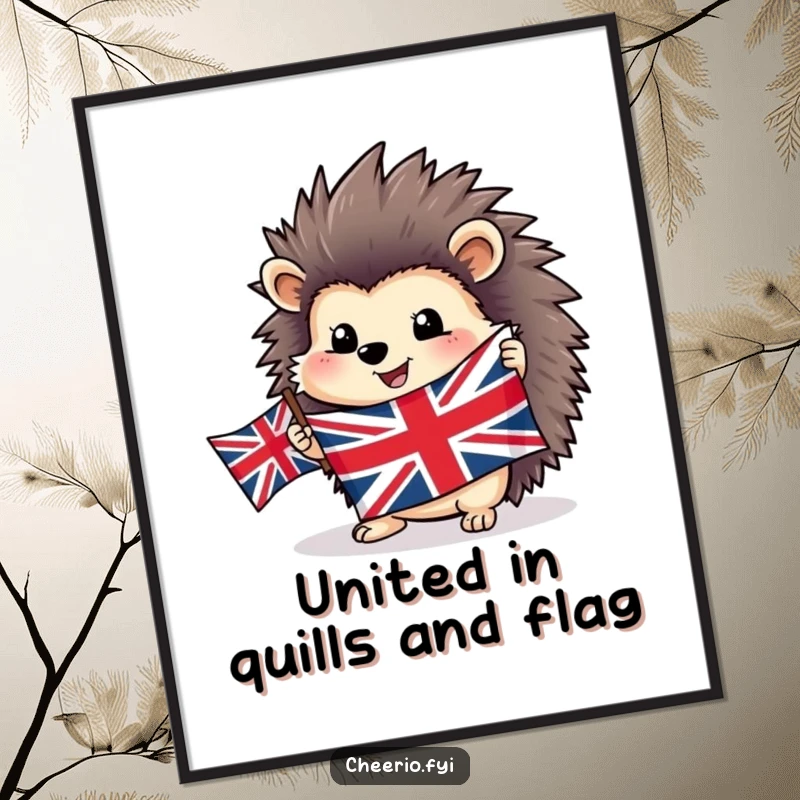Funny Free Printable Wall Art of a happy hedgehog holding a Union Jack flag, adding patriotic charm and humor.