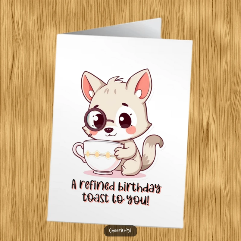 Funny Free Printable Birthday Card: A curious animal wearing a monocle intently examines a delicate teacup with great interest.