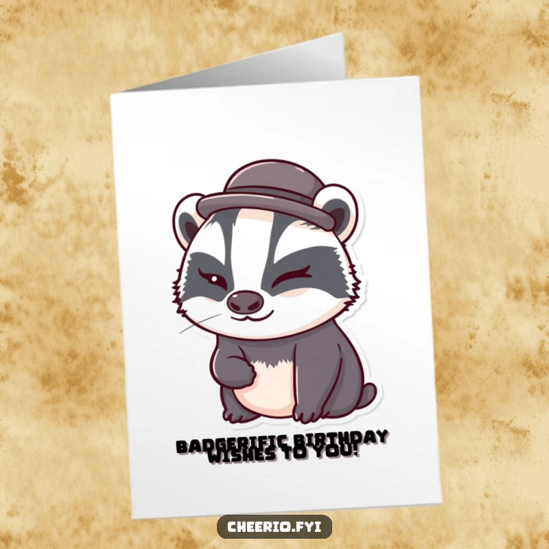 Funny Free Printable Birthday Card: A cute badger in a bowler hat winks mischievously, ready for a celebration.