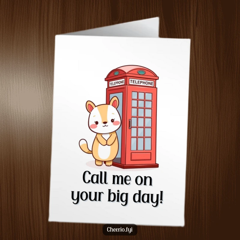 Funny free printable birthday card: a cheerful animal with a wide smile standing proudly next to a bright red British telephone booth.