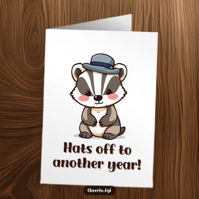Funny Free Printable Birthday Card featuring a playful badger character smartly tipping a tiny bowler hat with a smile.