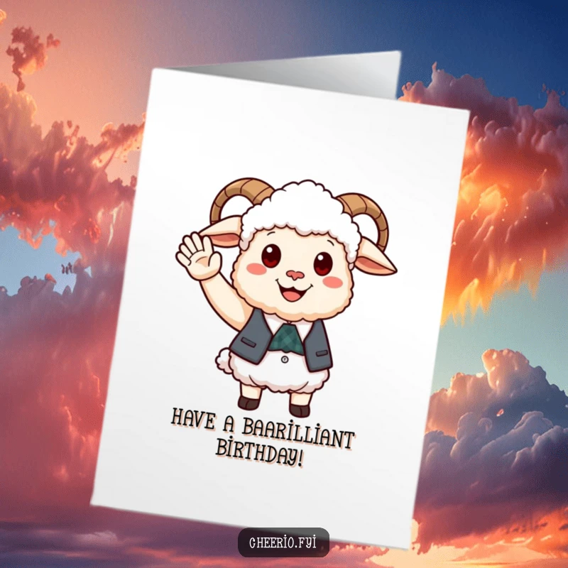 Funny Free Printable Birthday Card: Happy sheep in smart waistcoat offers friendly wave, cheerful greetings, downloadable card.