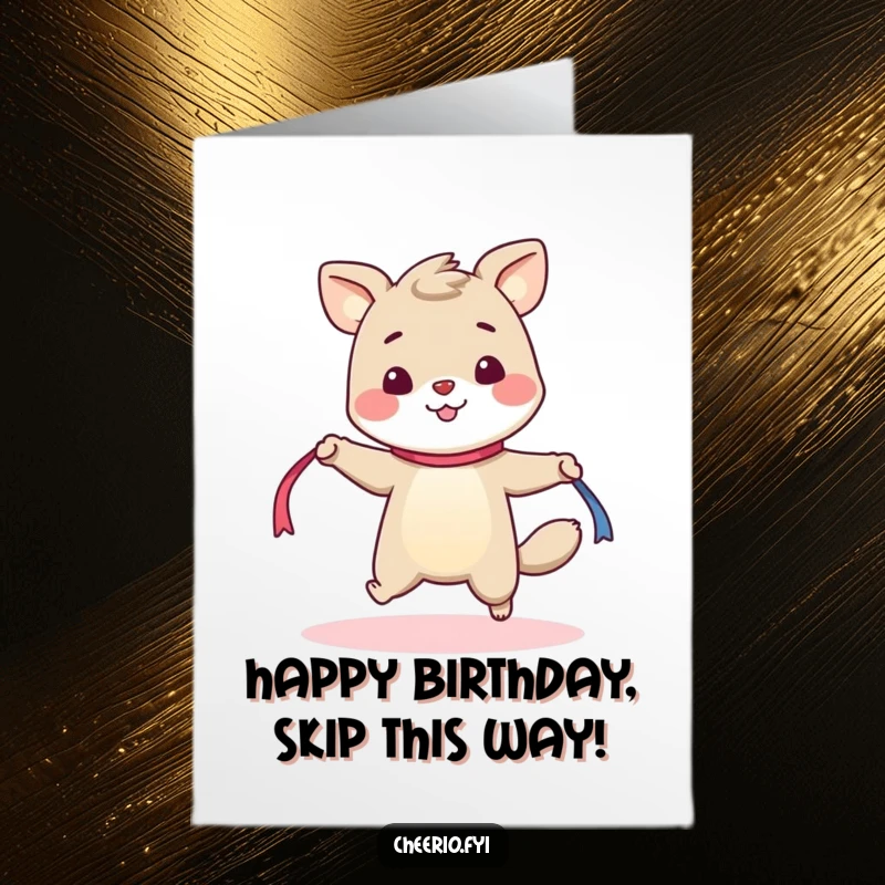 Funny Free Printable Birthday Card: a cheerful animal enthusiastically attempting to skip rope with a flowing ribbon. A downloadable gift.