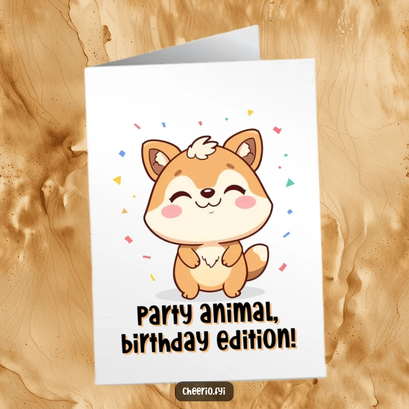 Funny Free Printable Birthday Card featuring a happy animal character with a confident smirk joyfully throwing a burst of confetti.