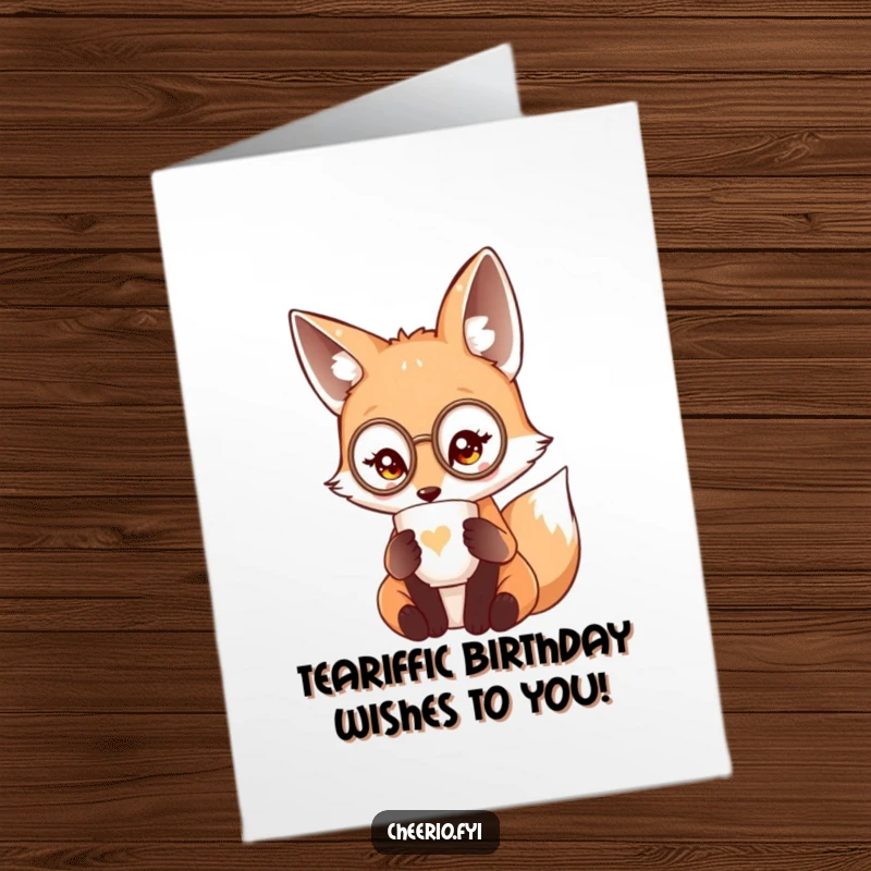 Funny Free Printable Birthday Card: Cute fox in monocle sipping tea from delicate cup, sophisticated celebration, downloadable greeting.