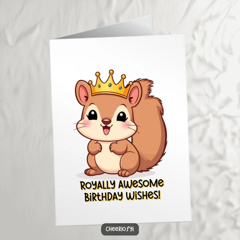 Funny Free Printable Birthday Card featuring a playful squirrel monarch wearing a tiny golden crown, ready to party.