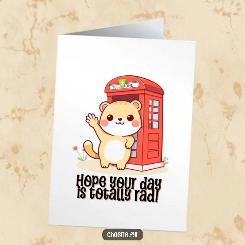 Funny Free Printable Birthday Card: A friendly animal waves at a red phone booth, ideal for a downloadable birthday greeting.
