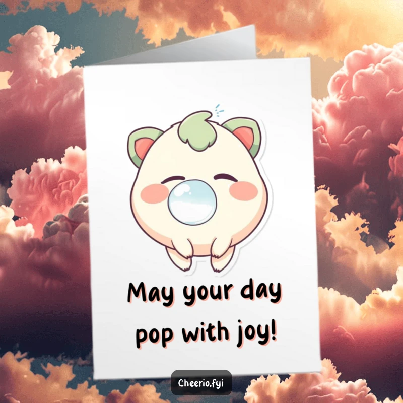 Funny free printable birthday card: a creature with a mischievous twinkle blowing a giant, cheerful bubble, sure to bring laughter.