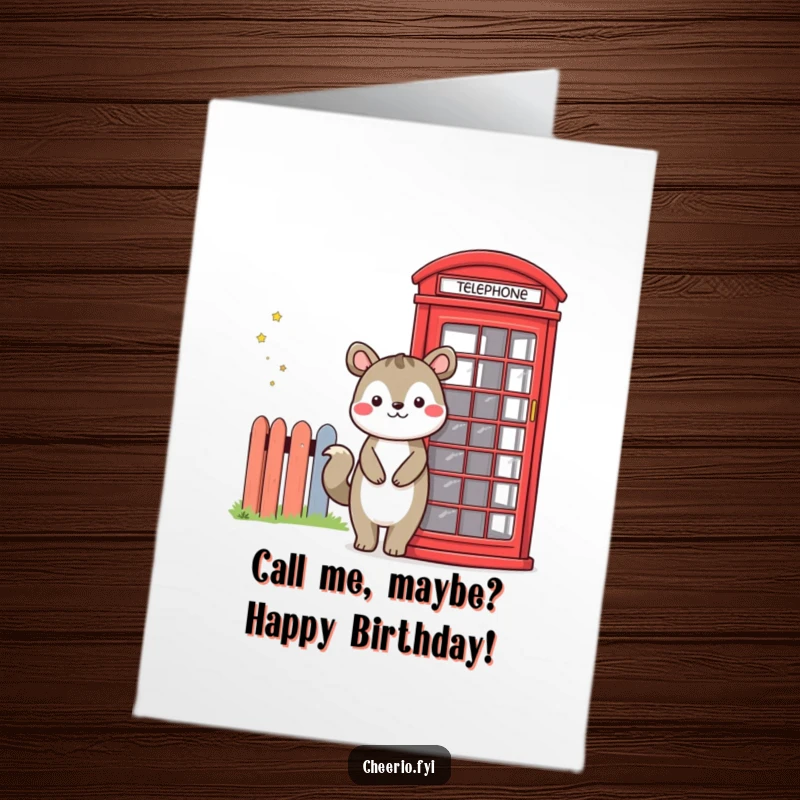 Funny Free Printable Birthday Card: Cheerful animal by a red phone booth, ready to make you smile.