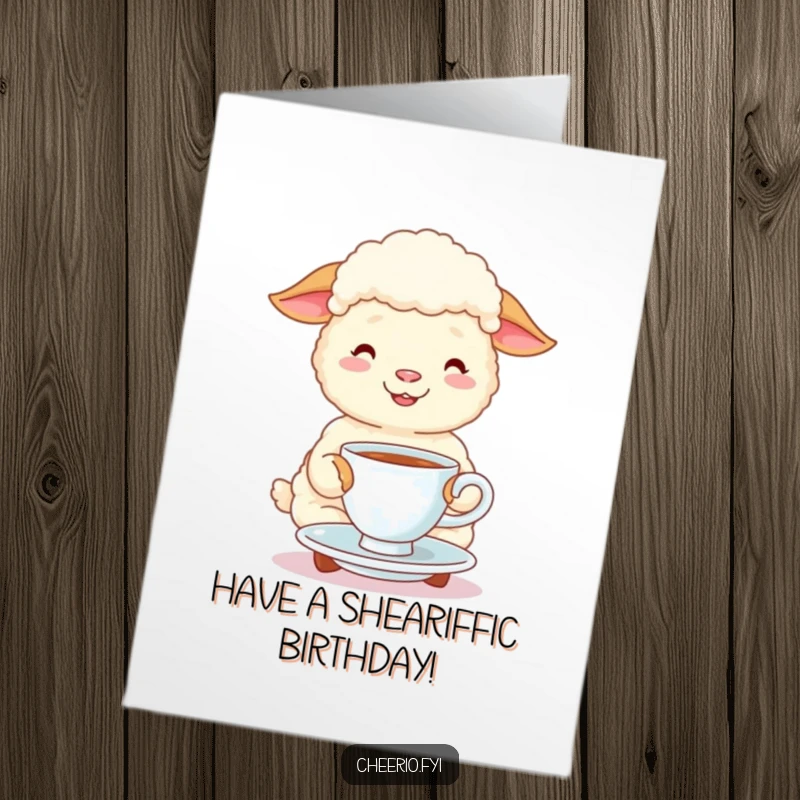 Funny Free Printable Birthday Card: A happy sheep sips tea merrily from a tiny cup.