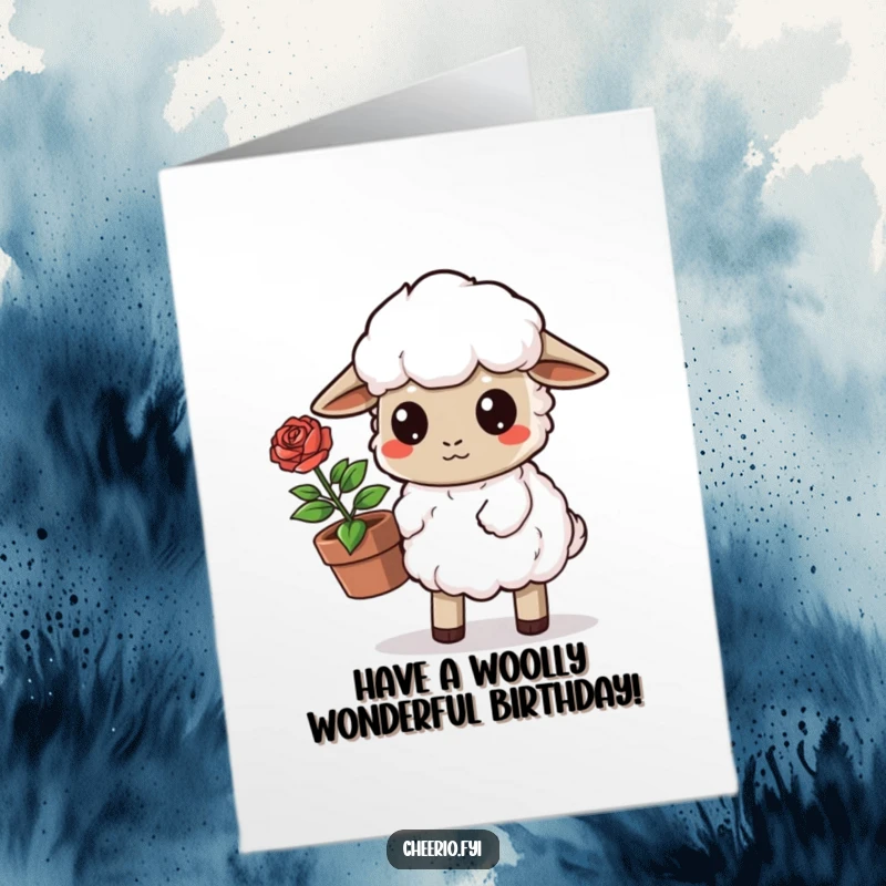 Funny Free Printable Birthday Card: Determined sheep carefully carries a potted rose, ready to gift a bloom, a sweet downloadable.