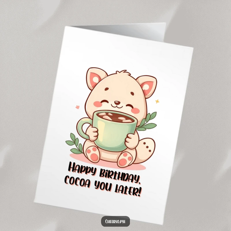 Funny Free Printable Birthday Card: an animal character warmly offering a steaming cup of cocoa with a welcoming smile. A downloadable gift.
