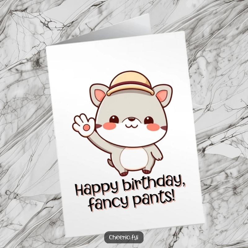 Funny Free Printable Birthday Card: Cheerful animal in a tiny bowler hat gives a jaunty wave, wishing a happy birthday.