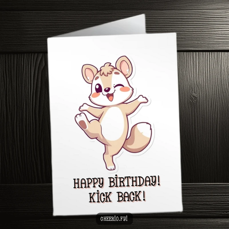 Funny Free Printable Birthday Card: Energetic animal character playfully kicking its leg up high in a celebratory birthday mood.