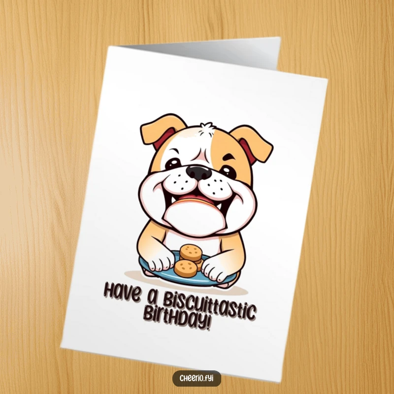 Funny Free Printable Birthday Card: Mischievous bulldog grins, offering a plate piled high with delicious biscuits, a charming downloadable gift.