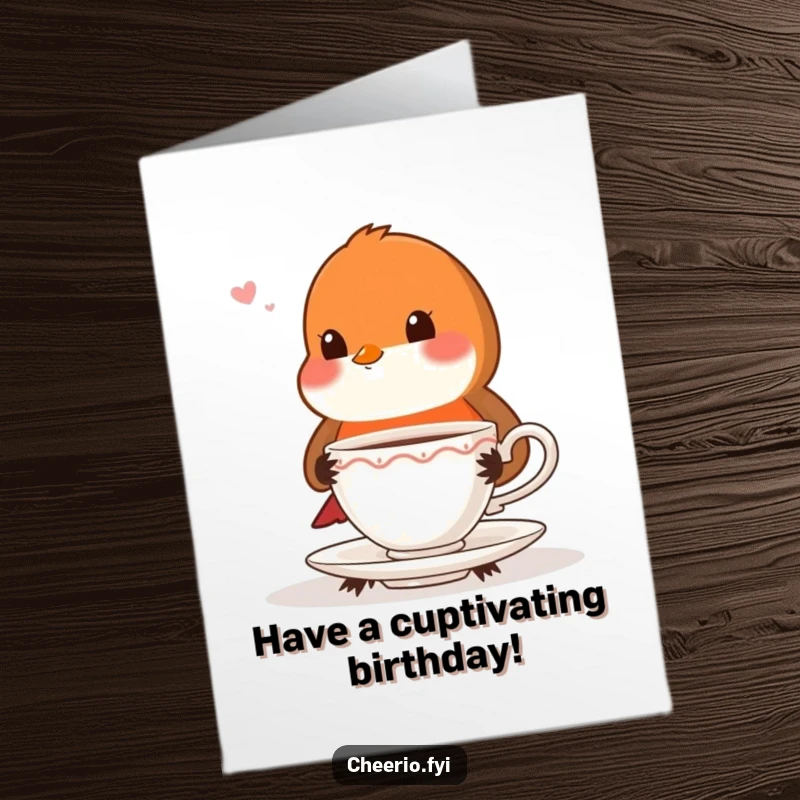 Funny Free Printable Birthday Card: Playful robin with proper posture offers teacup, polite birthday wishes, downloadable greeting.
