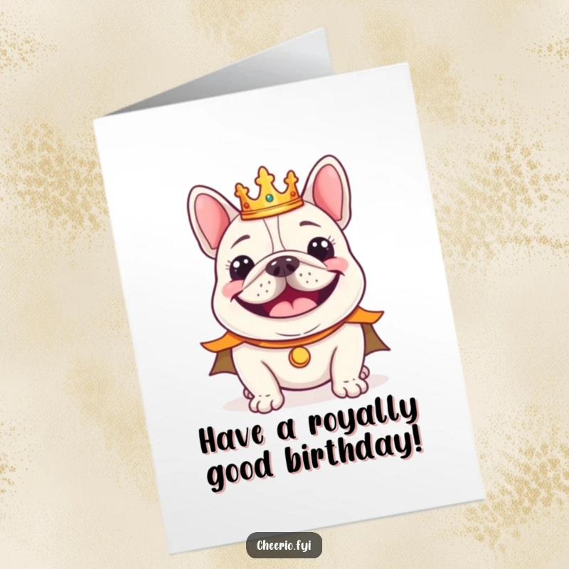 Funny Free Printable Birthday Card: Cheerful bulldog in tiny crown and regal cape smiling, birthday royalty, downloadable greeting.